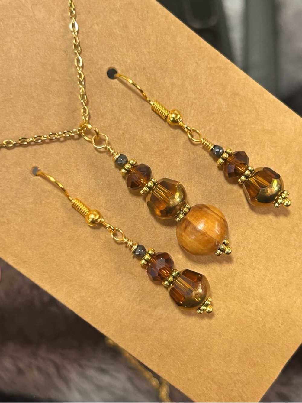 Handcrafted di-cut glass wood bead crystal necklace and earring set